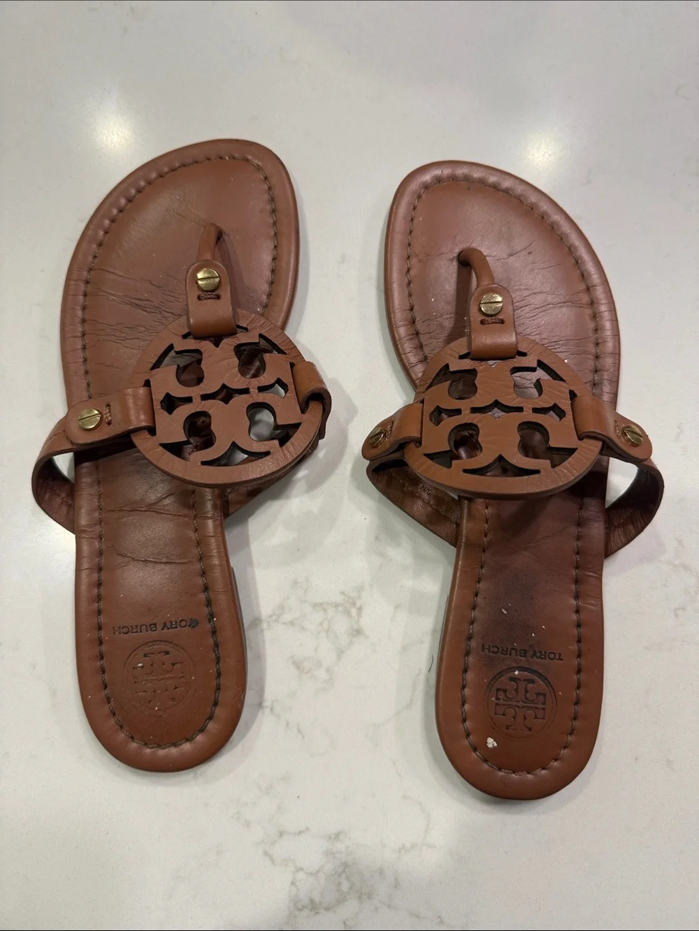 Tory Burch Tan Leather Cutout Logo Thong Sandals